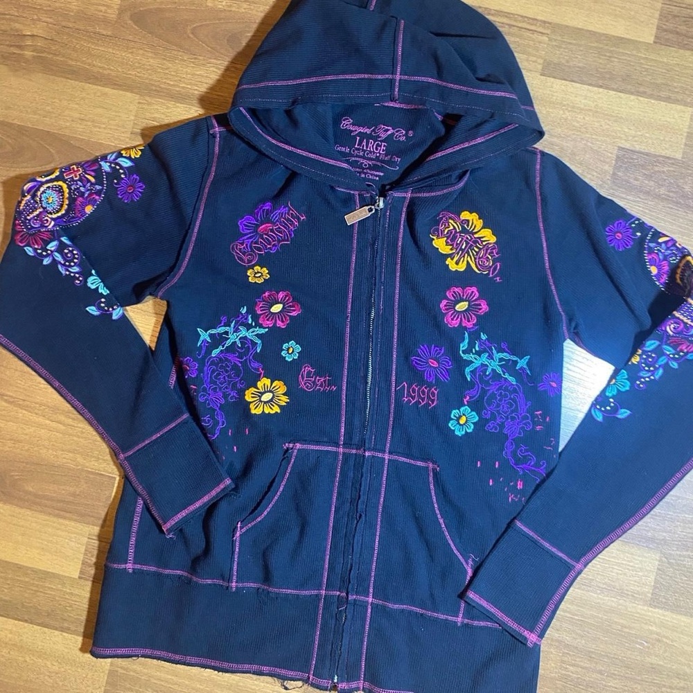 Embroidered Floral Zip-Up Hoodie